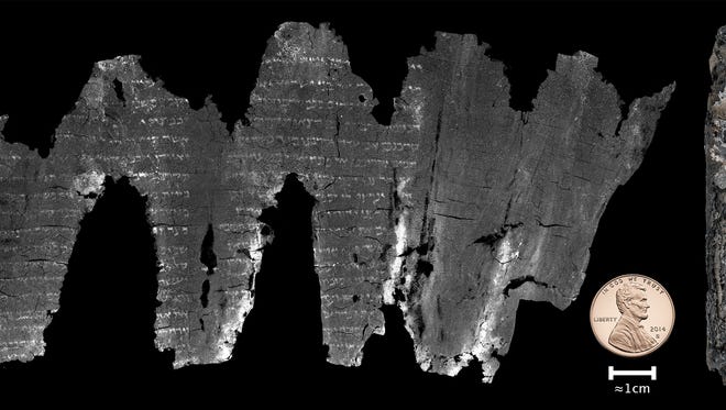 The completed virtual unwrapping for the En-Gedi scroll.
A small, seemingly unremarkable burned parchment fragment found 45 years ago during excavations on the western shore of the Dead Sea has emerged after hi-tech sequencing as part of the Book of Leviticus from a 1,500-year-old Torah scroll.