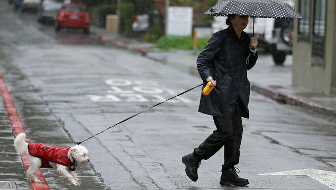 A woman walks her dog in the rain Feb. 20, 2017, in San Anselmo, Calif.