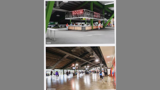 A rendering (top) shows the First Base Ward bar area, over a photo of what the area looks like now. The renderings were on display to show the new plans.