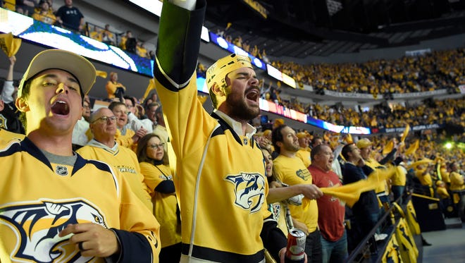 Predators fans cheer during the second period of Game 6 of the Western Conference finals at Bridgestone Arena on Monday, May 22, 2017.