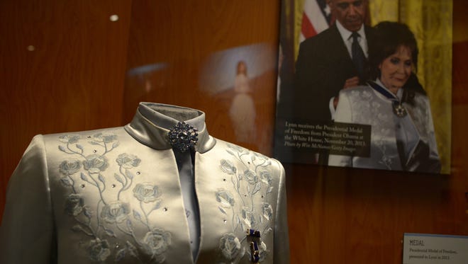 The "Loretta Lynn: Blue Kentucky Girl" exhibit opens Friday, August 25, 2017 at the Country Music Hall of Fame in downtown Nashville. Items from her extensive recording career are on display including this Manuel jacket she wore when she received the Medal of Freedom in 2013.