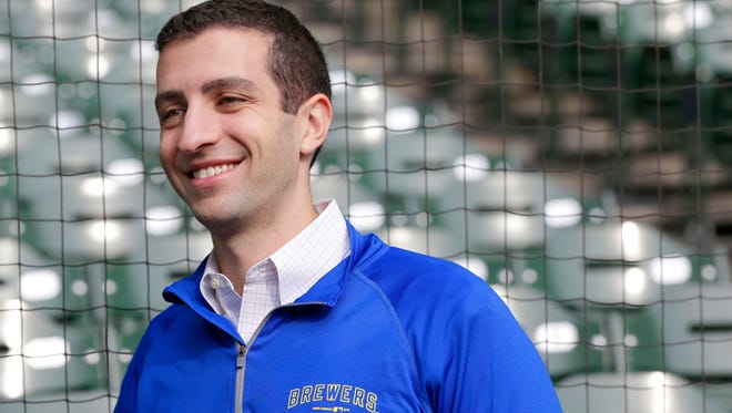 Milwaukee Brewers general manager David Stearns was on hand during the news conference.