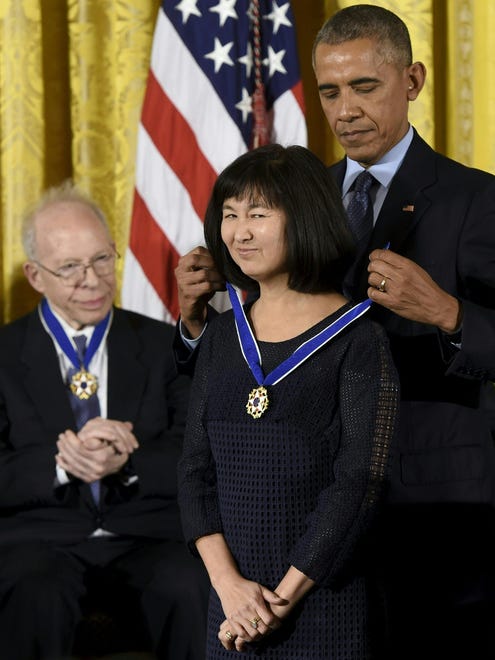 Artist and Designer Maya Lin receives the Presidential Medal of Freedom from President Barack Obama.