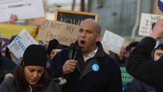 Senator Cory Booker speaking to a crowd in support of immigrants and refugees at a January rally in Elizabeth.