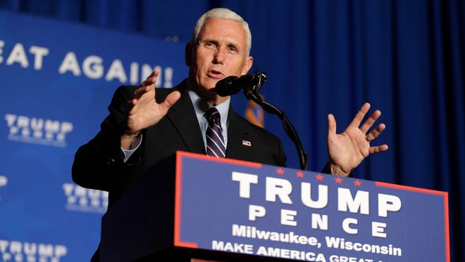 Republican vice presidential candidate Indiana Gov. Mike Pence speaks to Republican supporters.