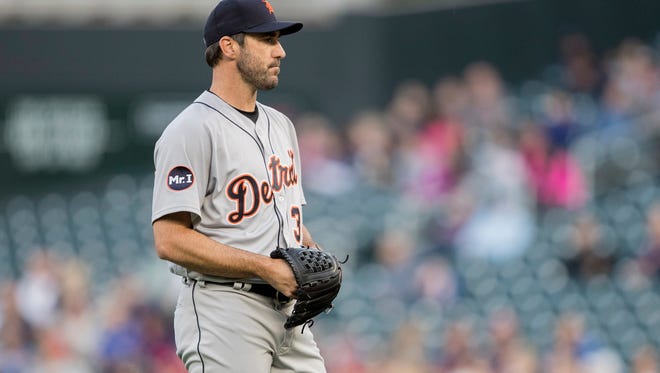 Tigers pitcher Justin Verlander (35) looks on during the first inning Friday in Minneapolis.
