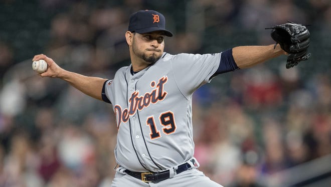 Tigers pitcher Anibal Sanchez (19) delivers a pitch in the ninth inning of the Tigers' 6-3 loss Friday in Minneapolis.