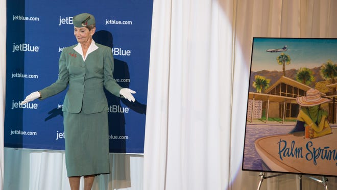 This former TWA flight attendant wore her original TWA flight attendant uniform during JetBlue's retro-themed aviation fashion show that unveiled its A320 'RetroJet' on Nov. 11, 2016.