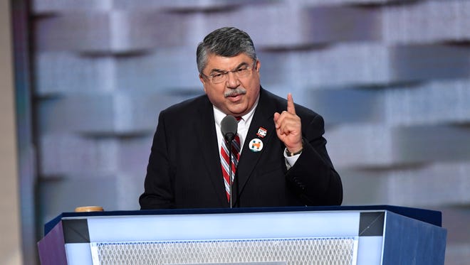 Richard Trumka, President of the AFL-CIO, speaks during the 2016 Democratic National Convention at Wells Fargo Arena in Philadelphia. "I cannot sit on a council for a President that tolerates bigotry and domestic terrorism; I resign, effective immediately," tweeted Trumka on Aug. 15, 2017.