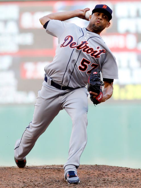 Tigers pitcher Francisco Rodriquez throws in the ninth inning of the Tigers' 5-4 win over the Twins Saturday in Minneapolis.