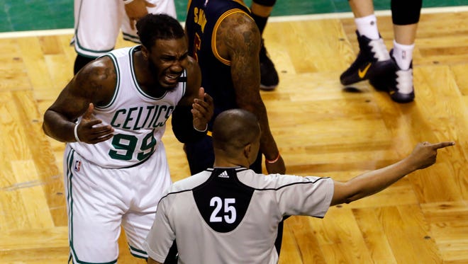 Boston Celtics forward Jae Crowder reacts to a call as they take on the Cleveland Cavaliers during the first quarter in Game 2 of the Eastern Conference finals.