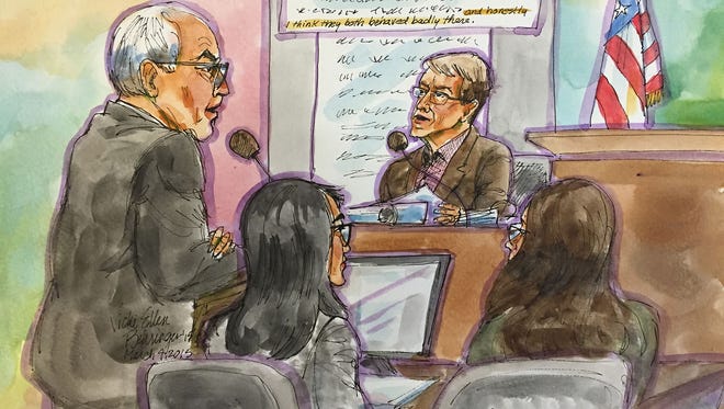 Alen Exelrod, Ellen Pao's lawyer, questions  Kleiner/Perkins general partner John Doerr.  Courtroom kketch by Vicki Behringer