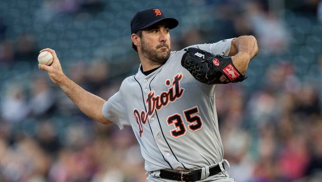 Tigers pitcher Justin Verlander (35) delivers a pitch in the first inning Friday in Minneapolis.
