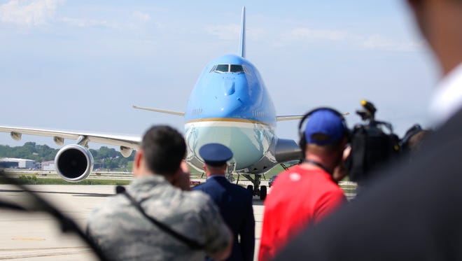 President Donald Trump arrives in Air Force One at the 128th Air Refueling Wing at 1919 E Grange Avenue near General Mitchell International Airport in Milwaukee.