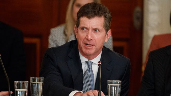 Johnson and Johnson CEO Alex Gorsky stepped down from the council on Aug. 16.  He took part in a meeting between President Trump and manufacturing executives at the White House on Feb. 23, 201.