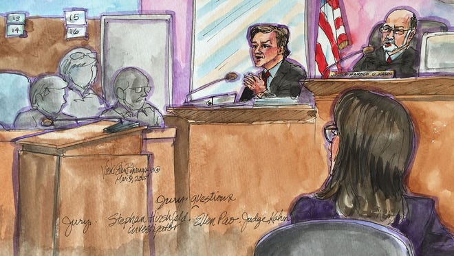 Courtroom sketch drawn March 9, 2015  as Ellen Pao, r ight, listens as investigator Stepen Hirschfeld speaks to the jury.   Ellen Pao is suing venture capital firm Kleiner Perkins Caufield & Byers for $16 million, citing gender discrimination and retaliation. She left as a junior partner in 2012 and is now interim CEO at Reddit, a popular news aggregation site.    Source: Vicki Behringer Courtroomartist.com 916-214-8225 PO Box 2945 Carmichael, CA 95609