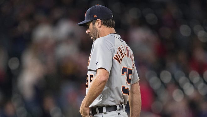 Tigers pitcher Justin Verlander (35) walks to the dugout after getting pulled from the game in the sixth inning of the Tigers' 6-3 loss Friday in Minneapolis.