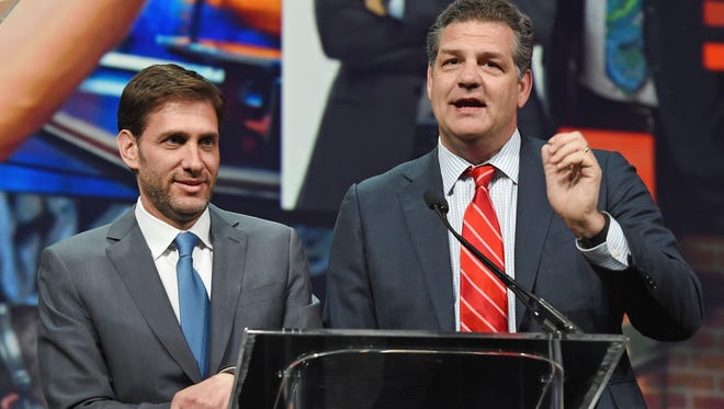 LAS VEGAS, NV - APRIL 19:  Sports broadcasters Mike Greenberg (L) and Mike Golic, hosts of ESPN Radio's "Mike & Mike" show, speak as they are inducted into the National Association of Broadcasters Broadcasting Hall of Fame during the NAB Show Radio Luncheon at the Westgate Las Vegas Resort & Casino on April 19, 2016 in Las Vegas, Nevada. NAB Show, the trade show of the National Association of Broadcasters and the world's largest electronic media show, runs through April 21 and features more than 1,700 exhibitors and 103,000 attendees.  (Photo by Ethan Miller/Getty Images) ORG XMIT: 630792967 ORIG FILE ID: 522491704