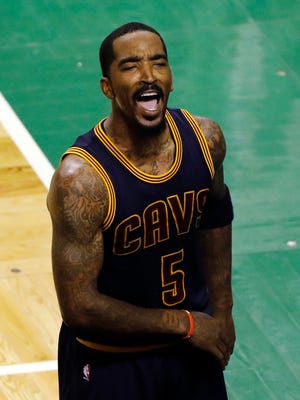 Cleveland Cavaliers guard JR Smith (5) reacts to the crowd as they take on the Boston Celtics during the second quarter in Game 2 of the Eastern Conference finals.