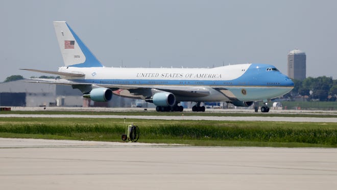 President Donald Trump arrives in Air Force Oneat the 128th Air Refueling Wing at 1919 E Grange Avenue near General Mitchell International Airport in Milwaukee.