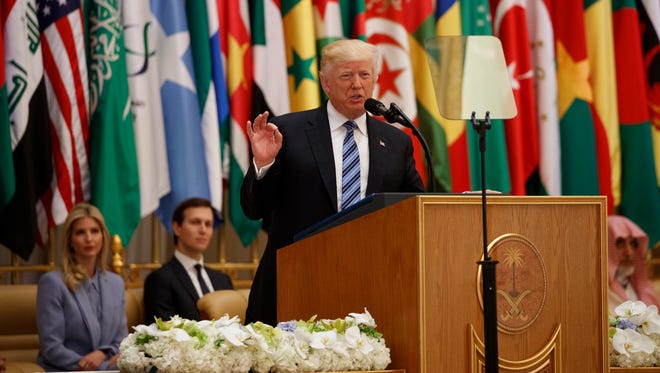 President Trump delivers a speech to the Arab Islamic American Summit, at the King Abdulaziz Conference Center on May 21, 2017, in Riyadh, Saudi Arabia. Trump urged leaders of Muslim countries to stand up against what he calls "Islamic extremism" on Sunday, adopting a tough stance on terrorism that attempts to soften the anti-Muslim rhetoric of his campaign for president.
Trump is on an official visit to Saudi Arabia, the first stop of his first foreign trip as president, visiting Saudi Arabia, Israel, Vatican, and a pair of summits in Brussels and Sicily.