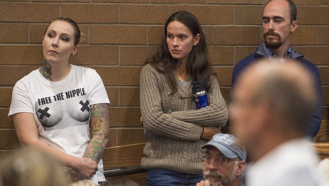 Samantha Six, left, is a plaintiff in federal lawsuit against the city of Fort Collins  contesting its ban on women appearing topless in public