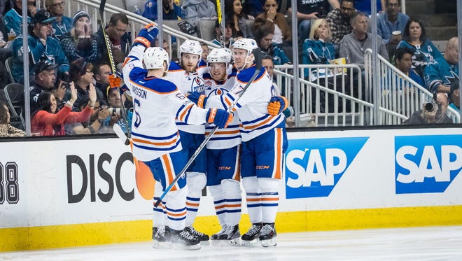 Edmonton Oilers forward Leon Draisaitl (29) celebrates with teammates after scoring a goal against the San Jose Sharks during the second period in Game 6.