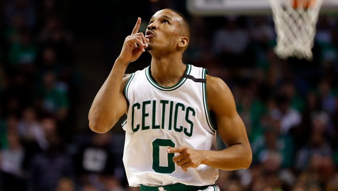 Avery Bradley reacts after scoring against the Cleveland Cavaliers during the second quarter of Game 5 of the Eastern Conference finals.