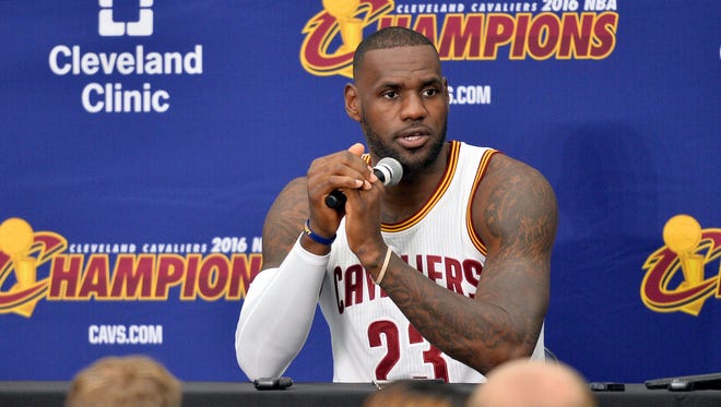 LeBron James talks to the media during media day at Cleveland Clinic Courts.