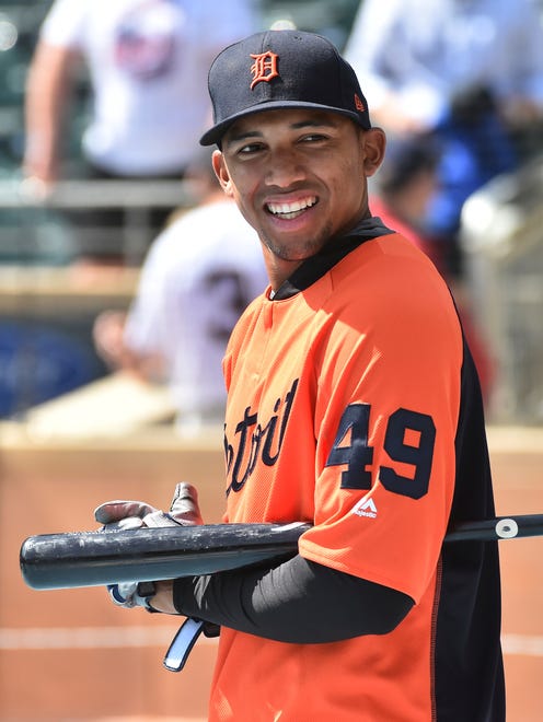 Tigers shortstop Dixon Machado smiles during batting practice before a game against the Twins, Sunday, April 23, 2017 at Target Field in Minneapolis.