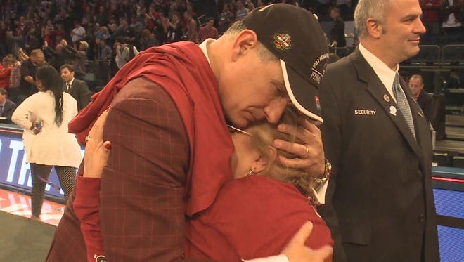 South Carolina coach Frank Martin gives his mother, Lourdes, a long hug after the Gamecocks beat Florida to clinch a trip to the Final Four.