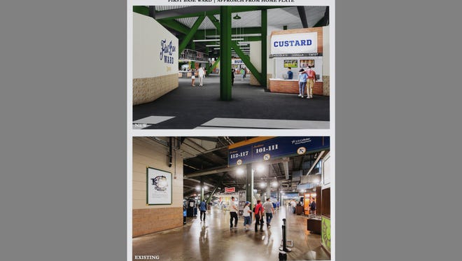 A rendering (top) shows the First Base Ward approach from home plate, over a photo of what the area looks like now. The renderings were on display to show the new plans.