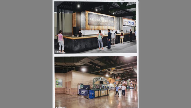 A rendering (top) shows the local brews bar, loge level first base concourse, over a photo of what the area looks like now. The renderings were on display to show the new plans.