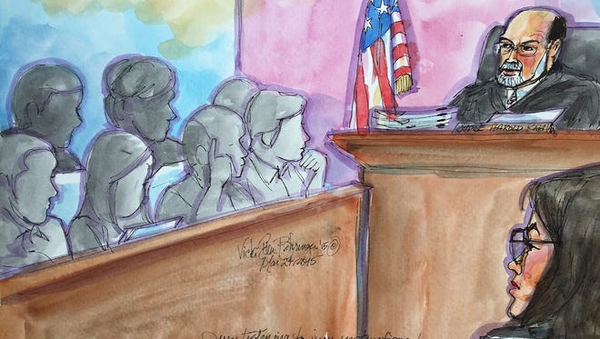 In this courtroom sketch drawn March 24, Judge Harold Kahn gives the jury instructions as Ellen Pao looks on.