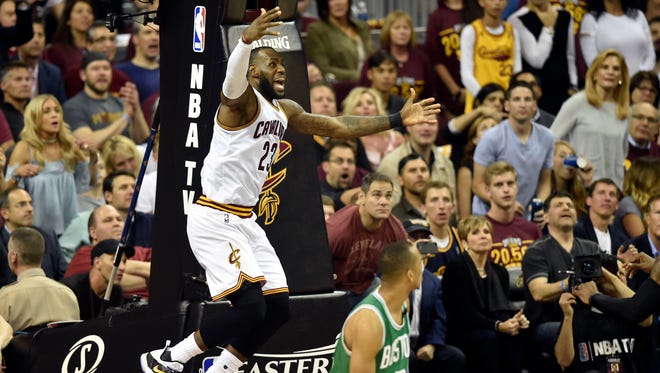 LeBron James (23) reacts in the fourth quarter against the Boston Celtics in Game 4 of the Eastern Conference finals.