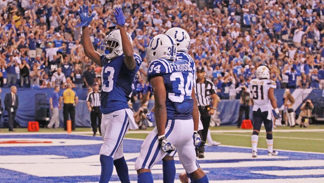Colts wide receiver T.Y. Hilton (13) reacts to scoring the winning touchdown late in the fourth quarter against the Chargers.
