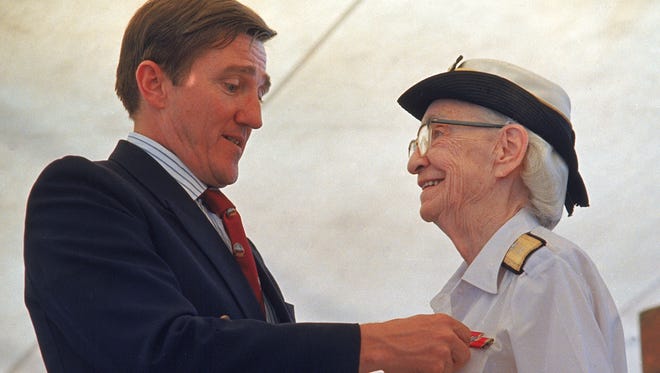 Adm. Grace Hopper is honored by Navy Secretary John Lehman, during her retirement ceremony aboard the USS Constitution, in Boston, Mass., on Aug. 14, 1986. Adm. Hopper was awarded the Presidential Medal of Freedom posthumously.