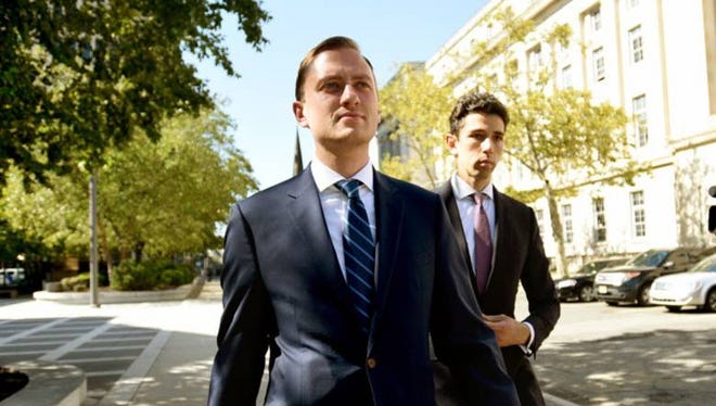 Matt Mowers, left, former Governor Chris Christie staffer, leaves Martin Luther King Jr. Federal Courthouse on Day 4 of the Bridgegate trial.