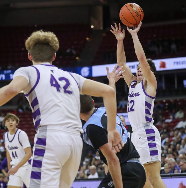 Kiel High School's Pierce Arenz (22) shoots the ball against Lakeside Lutheran High School in a Division 3 quarterfinal game during the WIAA state boys basketball tournament on Thursday, March 14, 2024 at the Kohl Center in Madison, Wis. Lakeside Lutheran won the game, 57-55.