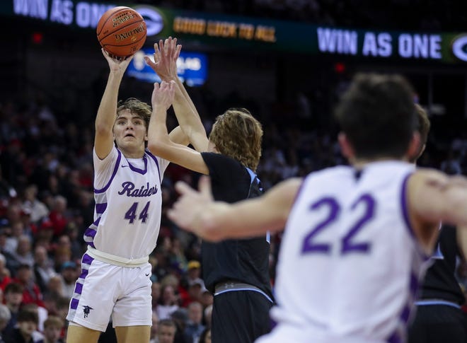 Kiel High School's Braden Aprill (44) shoots a 3-pointer against Lakeside Lutheran High School in a Division 3 semifinal game during the WIAA state boys basketball tournament on Thursday, March 14, 2024 at the Kohl Center in Madison, Wis. Lakeside Lutheran won the game, 57-55.