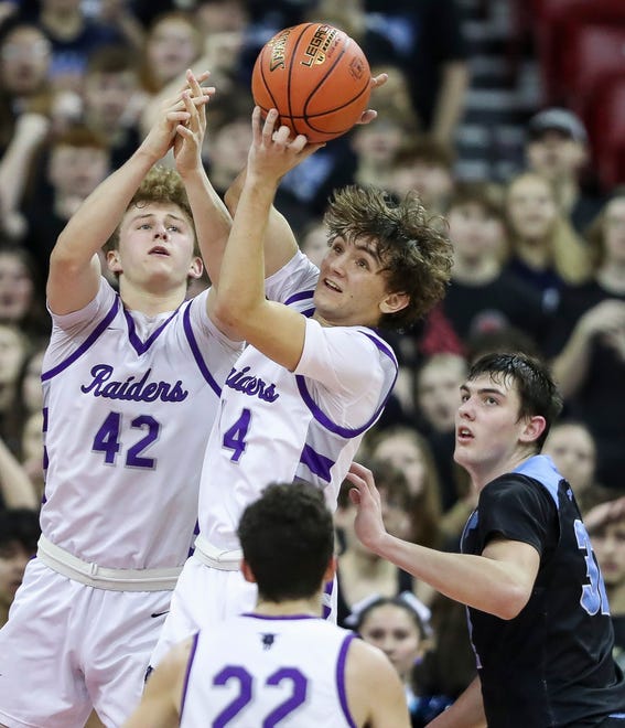 Kiel High School's Braden Aprill (44) pulls down a rebound against Lakeside Lutheran High School in a Division 3 quarterfinal game during the WIAA state boys basketball tournament on Thursday, March 14, 2024 at the Kohl Center in Madison, Wis. Lakeside Lutheran won the game, 57-55.