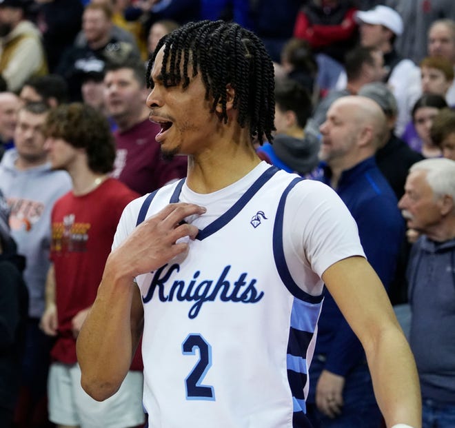 Nicolet's Noah Ojielo (2) reacts to their loss to Wisconsin Lutheran in the WIAA Division 2 boys basketball state semifinal game on Friday March 15, 2024 at the Kohl Center in Madison, Wis.