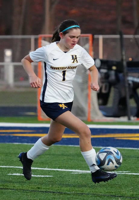 Brookfield Academy's Brooke Nowacki (1) turns upfield during the match at Kettle Moraine on Friday, April 5, 2024.