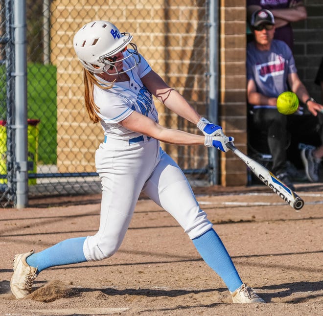 Brookfield Central's Lucy Fahrenholz (7) connects during the game at home against Menomonee Falls, Monday, April 15, 2024.